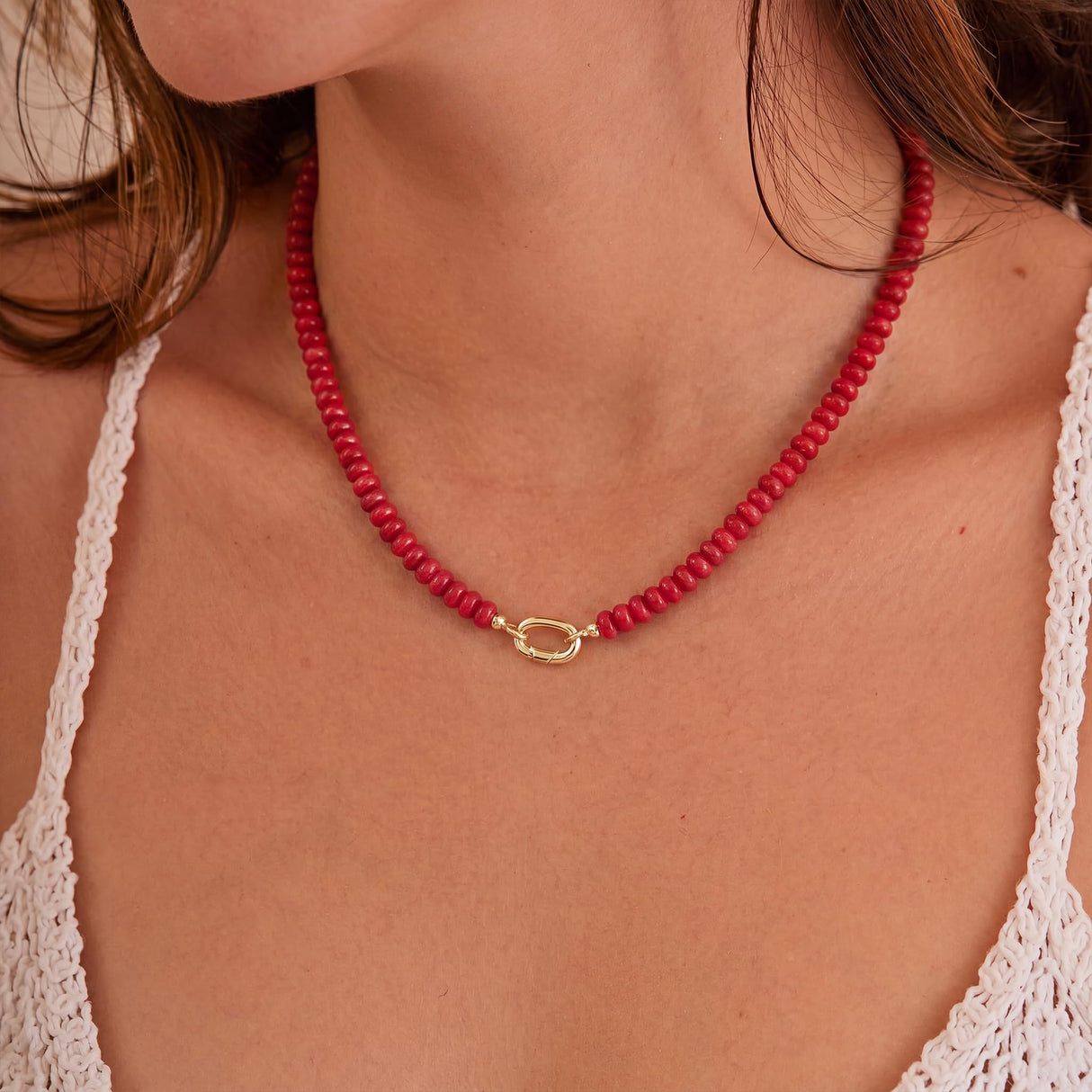 CONRAN KREMIX Red Stone Beaded Necklace for Women,Natural Gemstone Bead Choker Necklaces Boho Summer Beach Layering Necklace Jewelry Gift for Women