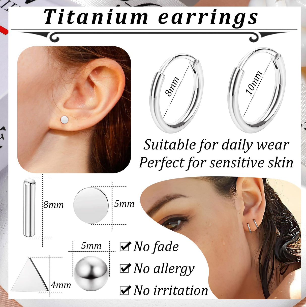 Staligue Titanium Earrings Set - 6 Pairs, Hypoallergenic, Silver