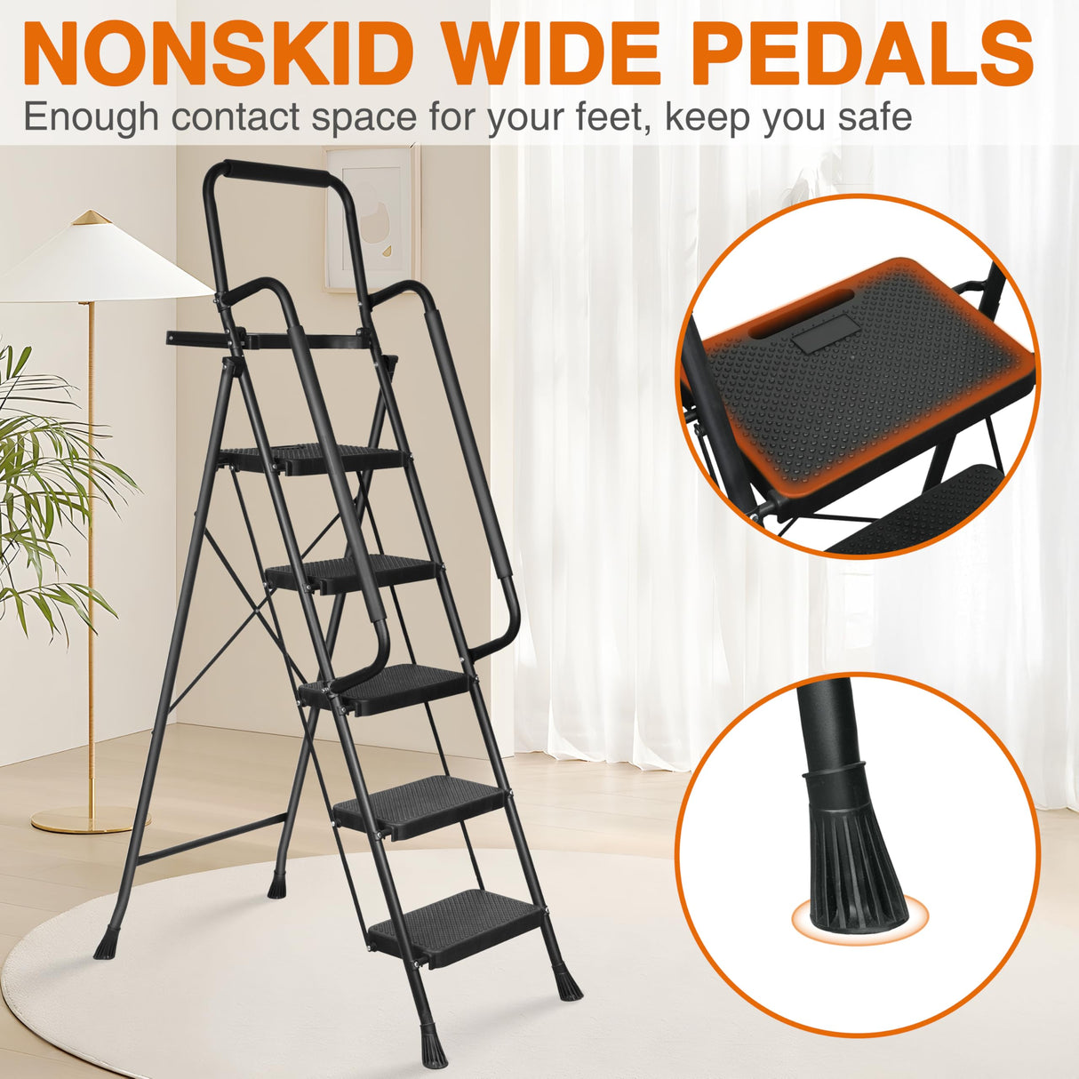 Step Ladder, Folding Step Stool with Wide Anti-Slip Pedals, Sturdy Steel Ladder with Handrail, Space-Saving, Portable for Home & Adults, 5 Step Ladder