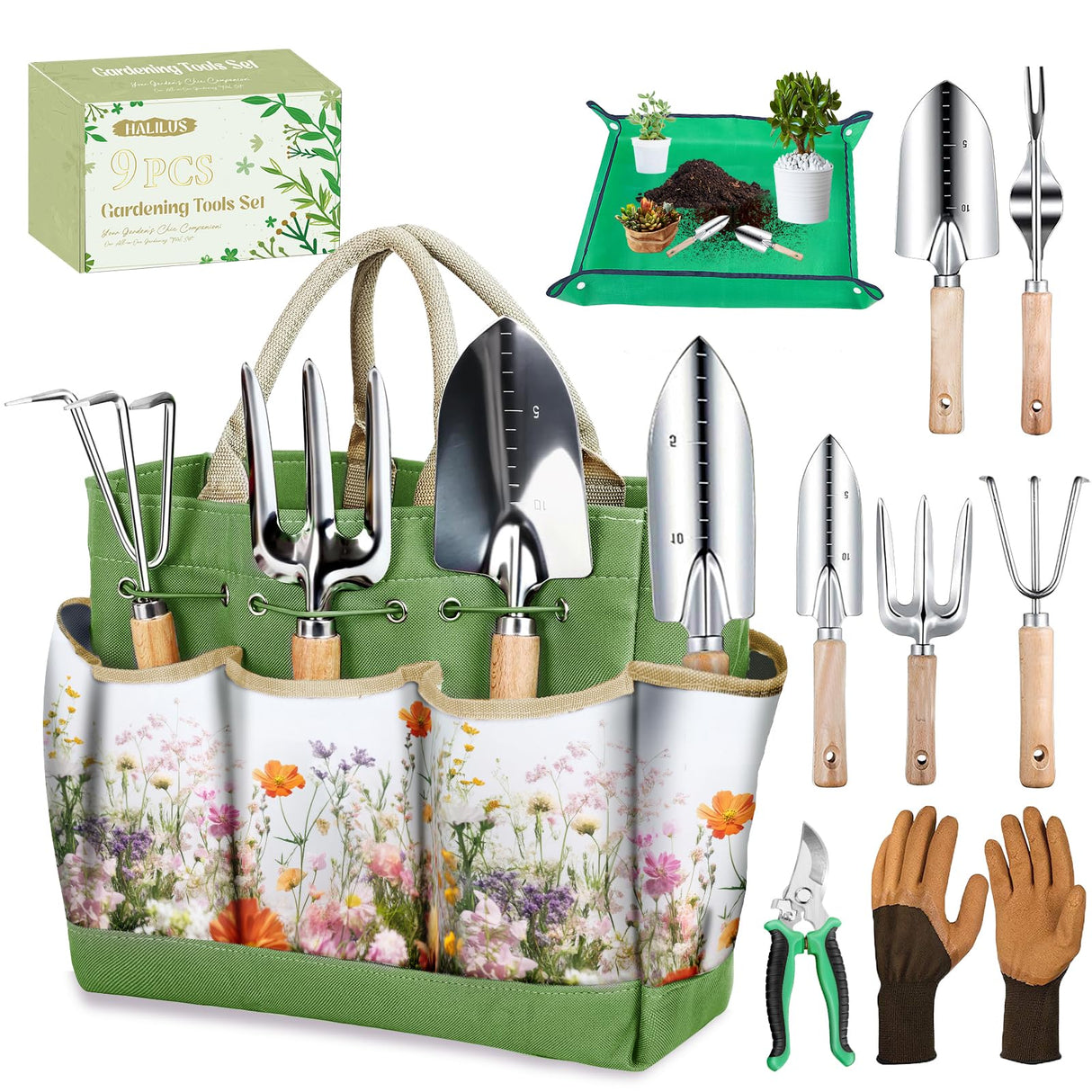 Garden Tools 9-Piece Heavy Duty Gardening Hand Tools with Floral Organizer Tote Bag, Rust-Proof Garden Tool Set, Thickened Repotting Mat, Gardening Gifts for Women Mom, Green