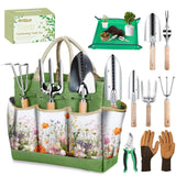 Garden Tools 9-Piece Heavy Duty Gardening Hand Tools with Floral Organizer Tote Bag, Rust-Proof Garden Tool Set, Thickened Repotting Mat, Gardening Gifts for Women Mom, Green
