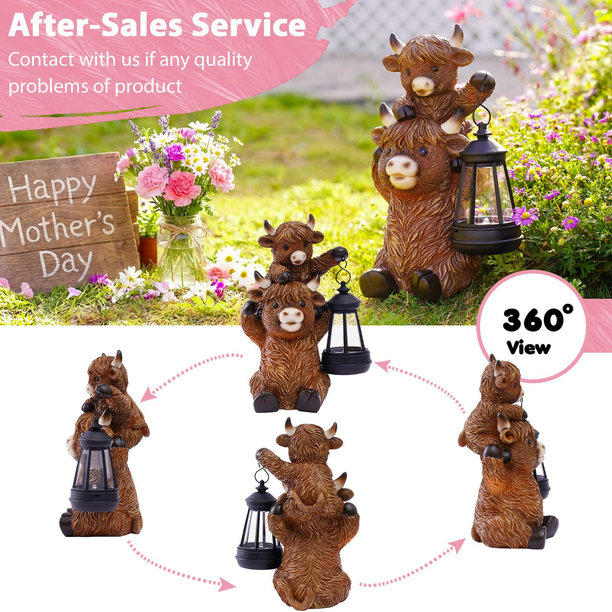 Tiejiajiang Solar Highland Cow Garden Decor - Resin Cow Statue with Solar Lantern Outdoor Yard Patio Decor - Ideal Gifts for Women,Mom Men (Copper)