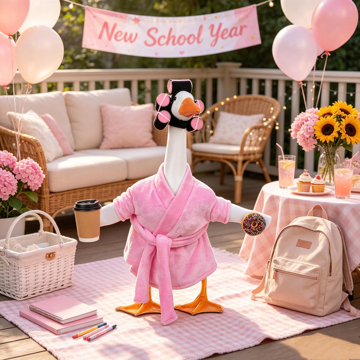 yuboo 23 Inch Pink Lady Porch Goose Outfits, Bathrobe Porch Goose Statue Costume with Cute Curlers and Coffee Cup, Funny Summer Lawn Yard Garden Patio Decor, Cute Goose Clothes Cement