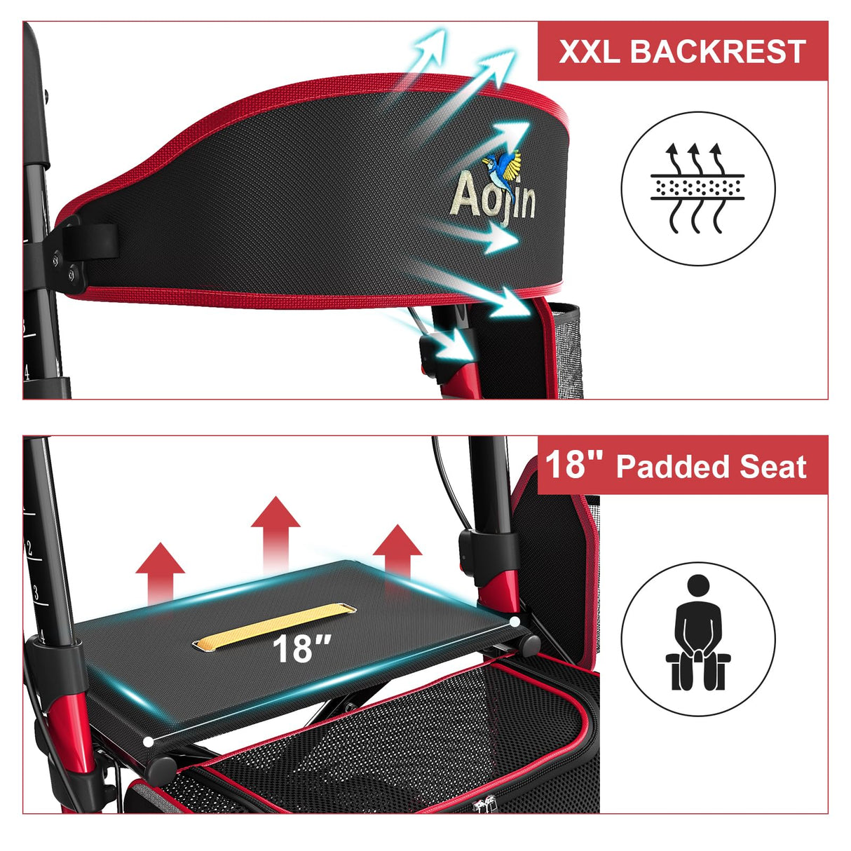 Walkers for Seniors, Rollator Walker with Seat, 350 lb Weight Capacity, 18" Big Seat, 8" All-Terrain Wheels, 6-Level Adjustable Height, Lightweight Aluminum Frame Rollator Walkers for Seniors (Red)