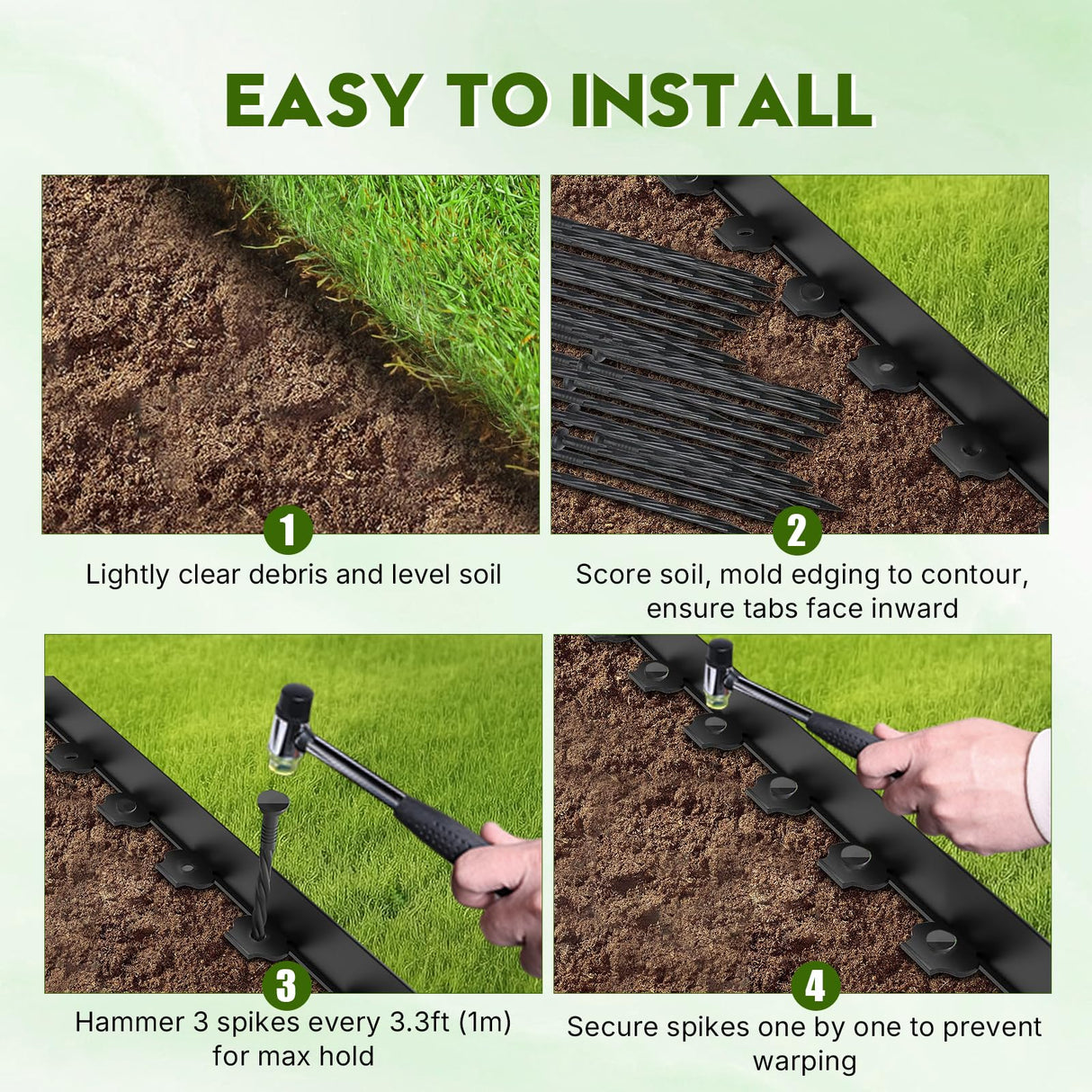 No Dig Landscape Edging 33FT, 4-Inch Plastic Edging, 100 Spikes & Hammer