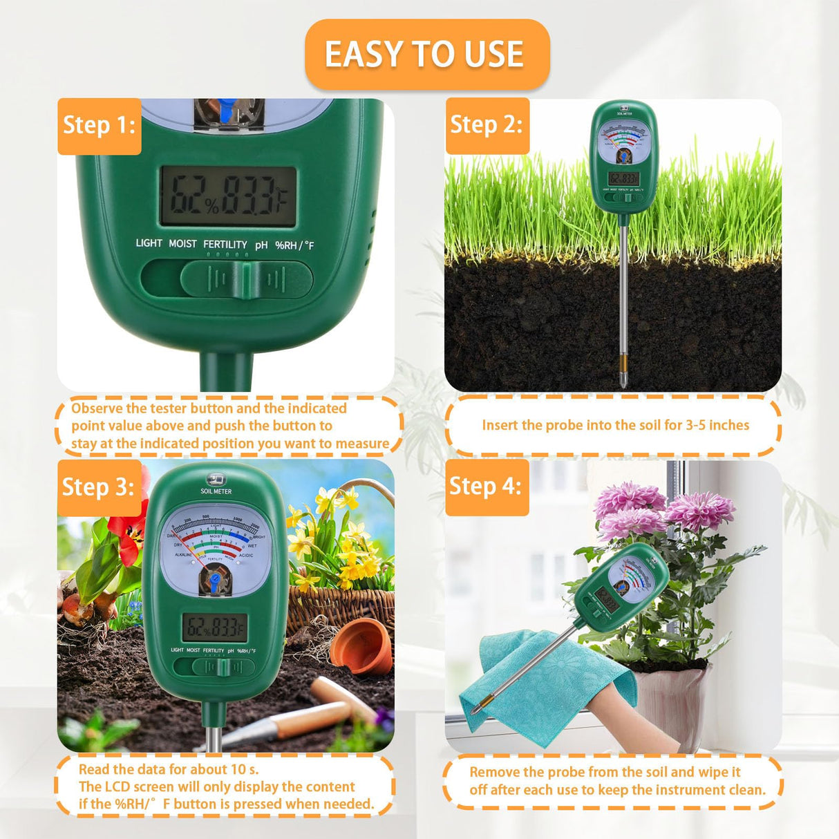 7-in-one Soil Test Kit, Soil Moisture Meter/PH Meter/Sunlight Intensity/Fertility Soil Tester, LCD Display Air & Soil Hygrometer Temperature for Hous Plants Garden, Farm, Lawn Care Moisture Meter