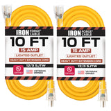 IRON FORGE CABLE 2 Pack of 10 Foot Outdoor Extension Cords - 12/3 SJTW Heavy Duty Lighted Yellow Extension Cable Set, 15 AMP