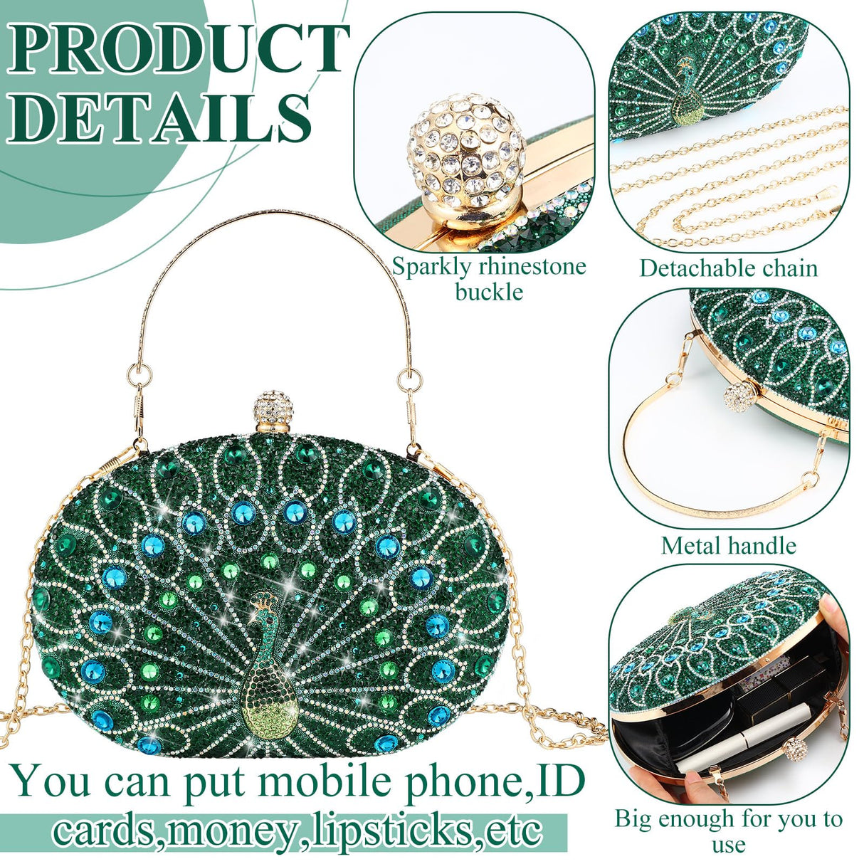Quelay 4 Pcs Purse Rhinestone Jewelry Set Women,Classic,Peacock Green