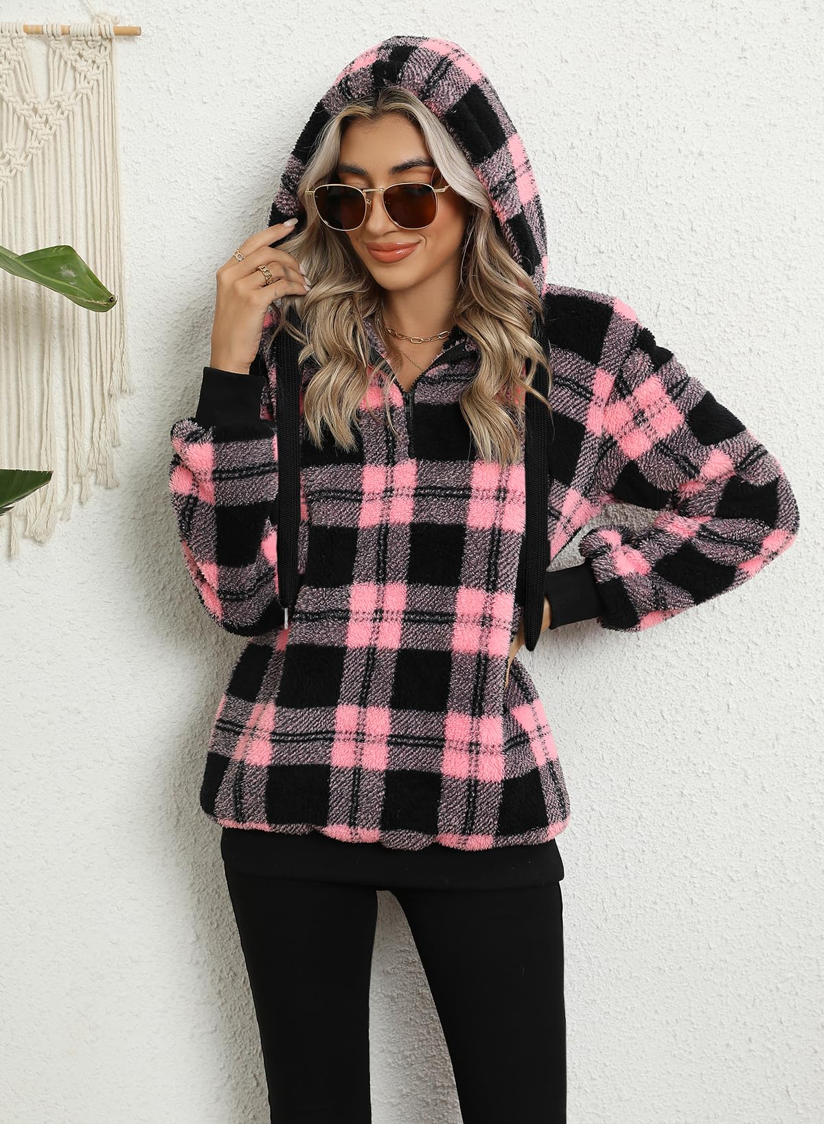 Nirovien Womens Sherpa Hoodie Fuzzy Sweatshirt Fleece Jacket Christmas Sweatshirt Pink Plaid Fluffy Sweaters(Plaid Pink Black,L)
