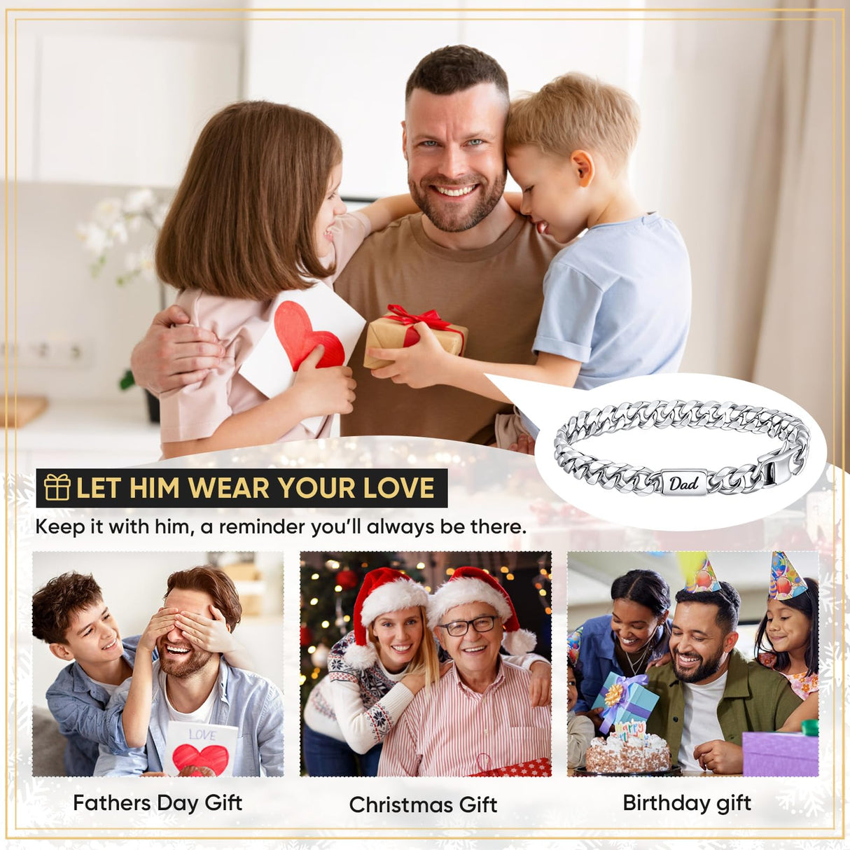 VNOX Gift for Dad from Daughter Son Silver Stainless Steel Cuban Link Chain Bracelet Day Father Birthday Valentines Ideas for New Daddy Stepdad,8.3 Inches