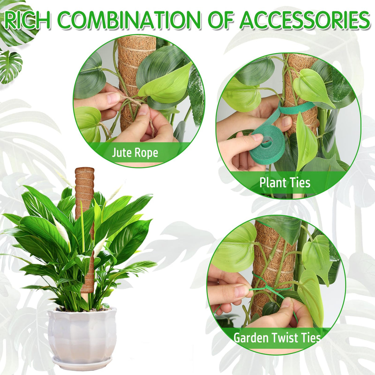 ROADPLUM 102 Inch Moss Pole for Plants Indoor (2*21.7", 2*16.5", 2*12.6") 6Pcs Coco Coir Pole Monstera Plant Support Pole for Plants Climbing with 65.6ft Twist Tie, Plant Tie and Jute Rope for Potted