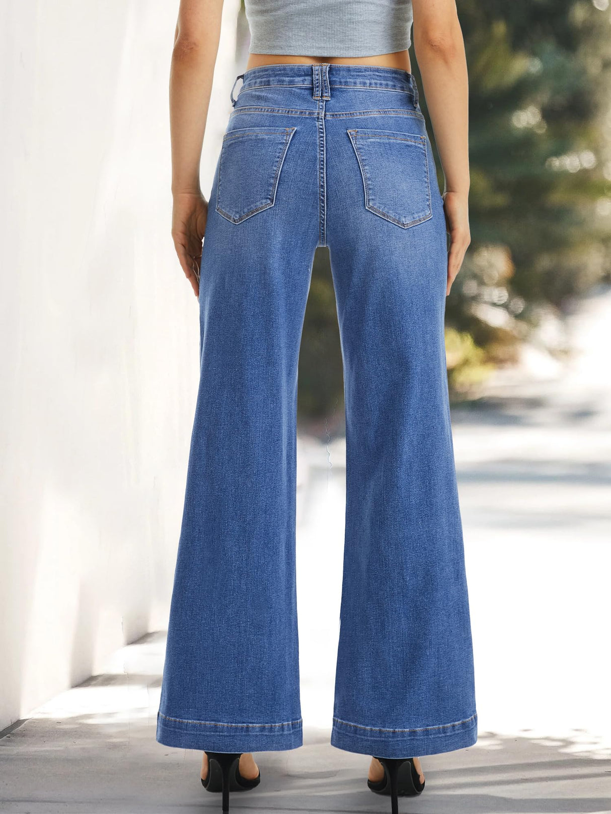 ONESO Womens Flare Jeans High Waist Medium Blue Wide Leg Jeans for Women Stretch Tummy Control Baggy Trousers Trendy Boyfriend Pants Inseam 30" Size 10