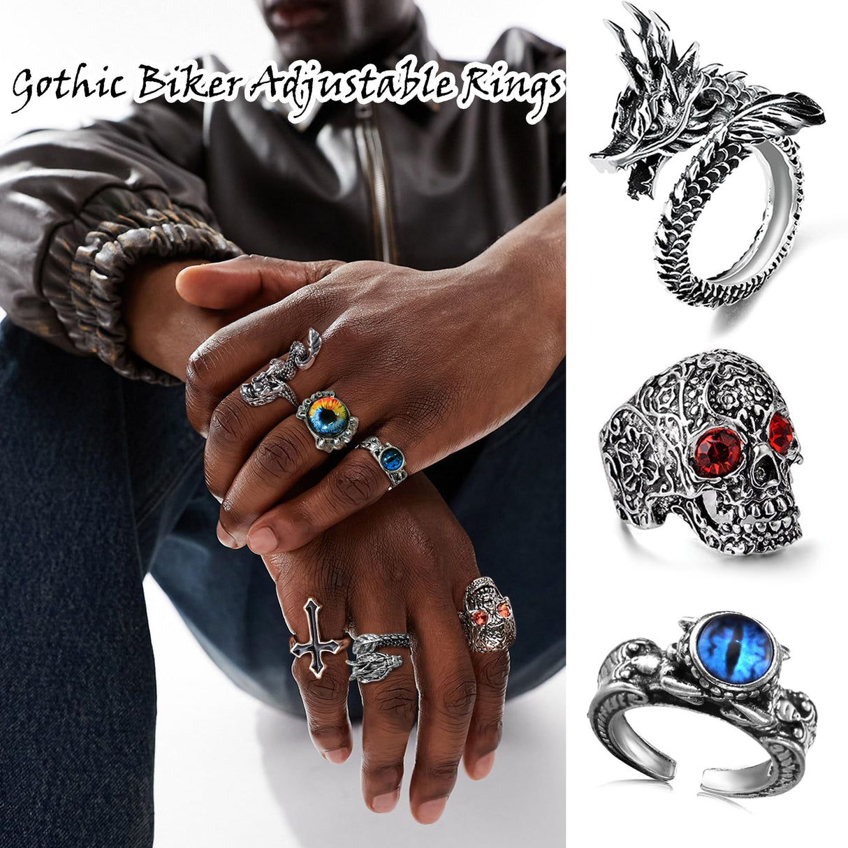 EIELO 24Pcs Vintage Punk Rings Set for Men Cool Gothic Chunky Rings Statement Snake Claw Skull Dragon Eyes of Hell Open Boho Ring Set