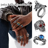 EIELO 24Pcs Vintage Punk Rings Set for Men Cool Gothic Chunky Rings Statement Snake Claw Skull Dragon Eyes of Hell Open Boho Ring Set