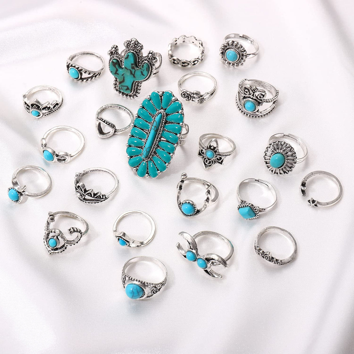 BVGA 40 Pcs Vintage Turquoise Rings for Women Bohemian Silver Oval Gemstone Western Rings Boho Joint Knuckle Midi Stacking Ring Set Gifts