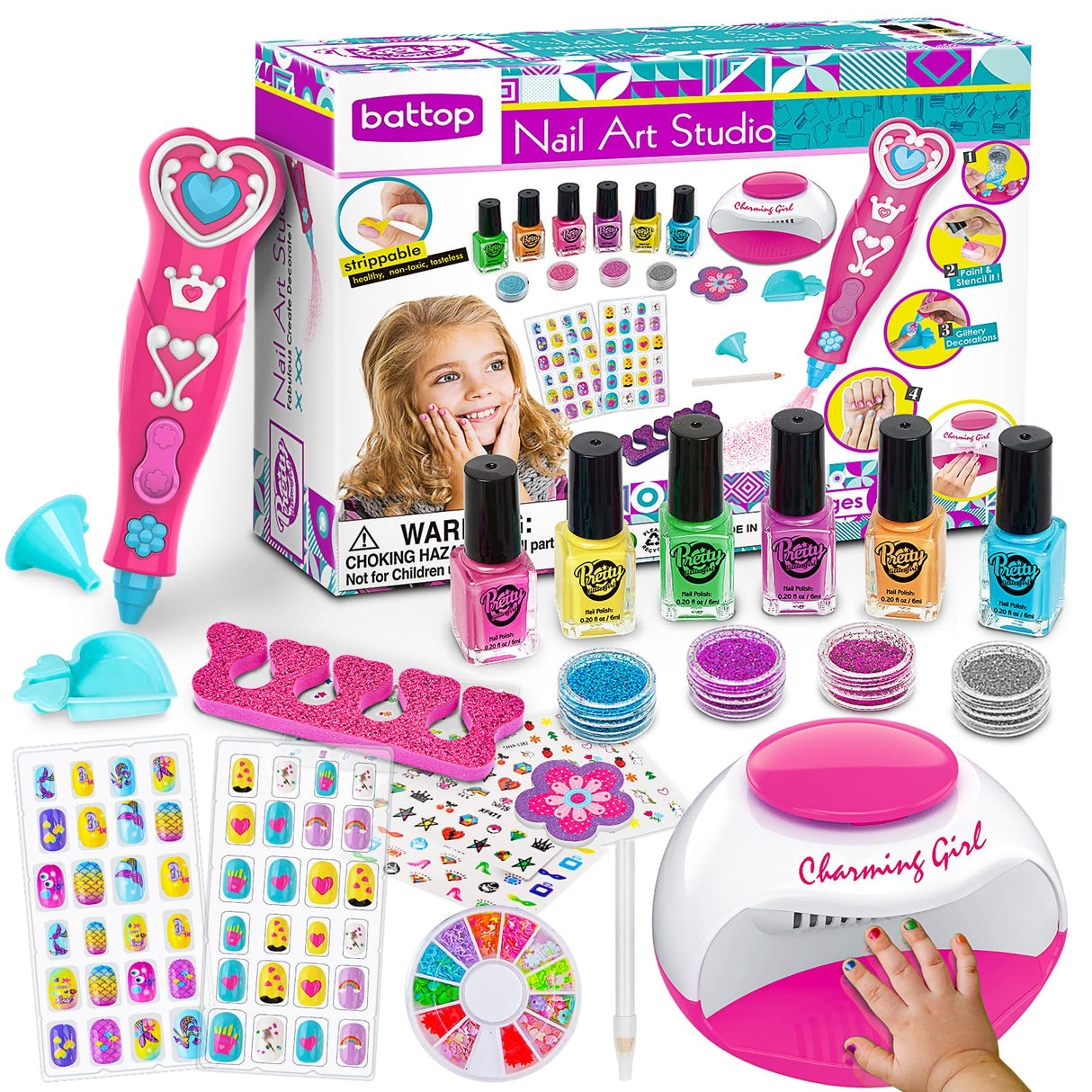 BATTOP Kids Nail Polish Set for Girls, Nail Art Kits with Nail Dryer & Glitter Pen, Quick Dry & Peel Off & Non-Toxic Nail Polish, Christmas Birthday Gifts for Girls Ages 6 7 8 9 10 11 12