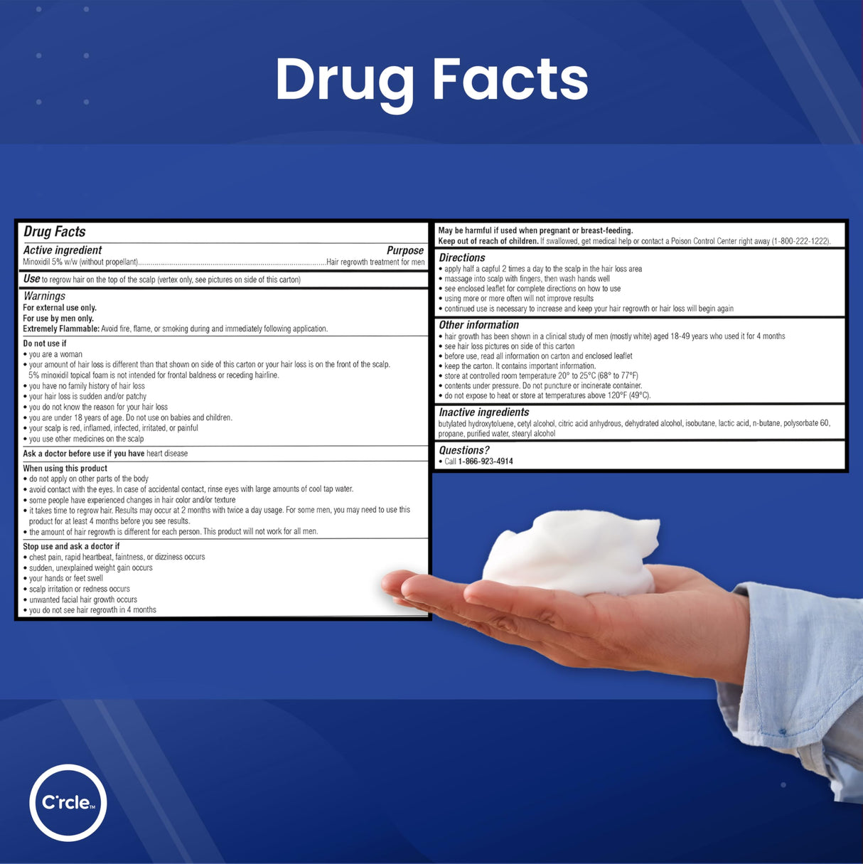 C’rcle Men's Minoxidil 5% Foam - 6 Month Supply - Helps Restore Vertex Hair Loss & Thinning Hair - Extra Strength Supports Hair Regrowth for Men, Unscented Hair Loss Treatments for Men