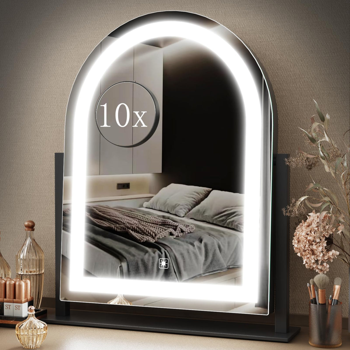 Gvnkvn Lighted Makeup Mirror, Hollywood Vanity Mirror with Lights, Three Color Lighting Modes, and Detachable 10X Magnification Mirror, Smart Touch Control, 360°Rotation (15.2in. Black)