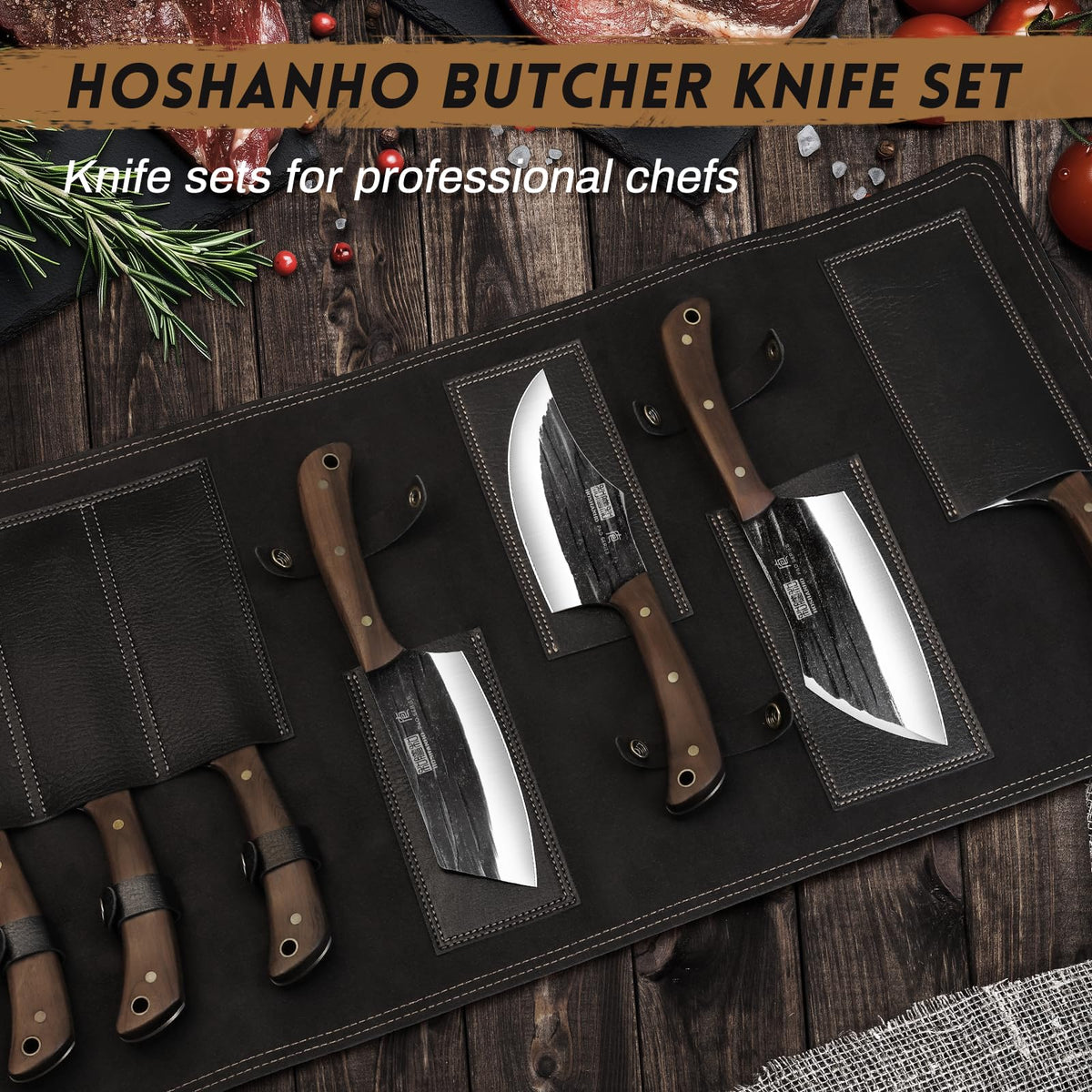 HOSHANHO Butcher Knife Set, Sharp Kitchen Knife Set & Roll Bag Gift for Men