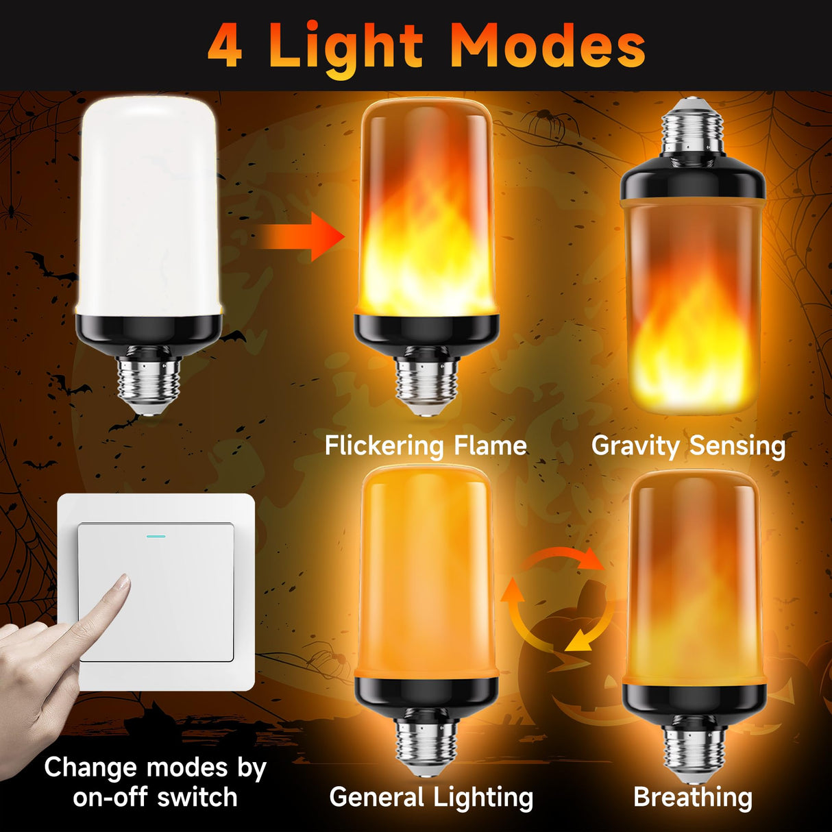 hyrion LED Flame Light Bulbs, 4 Modes Flickering Light Bulbs with Upside Down Effect, E26 Base Flame Fire Lights Bulb for Halloween Christmas Decor Porch Outdoor Indoor Home (2 Pack)