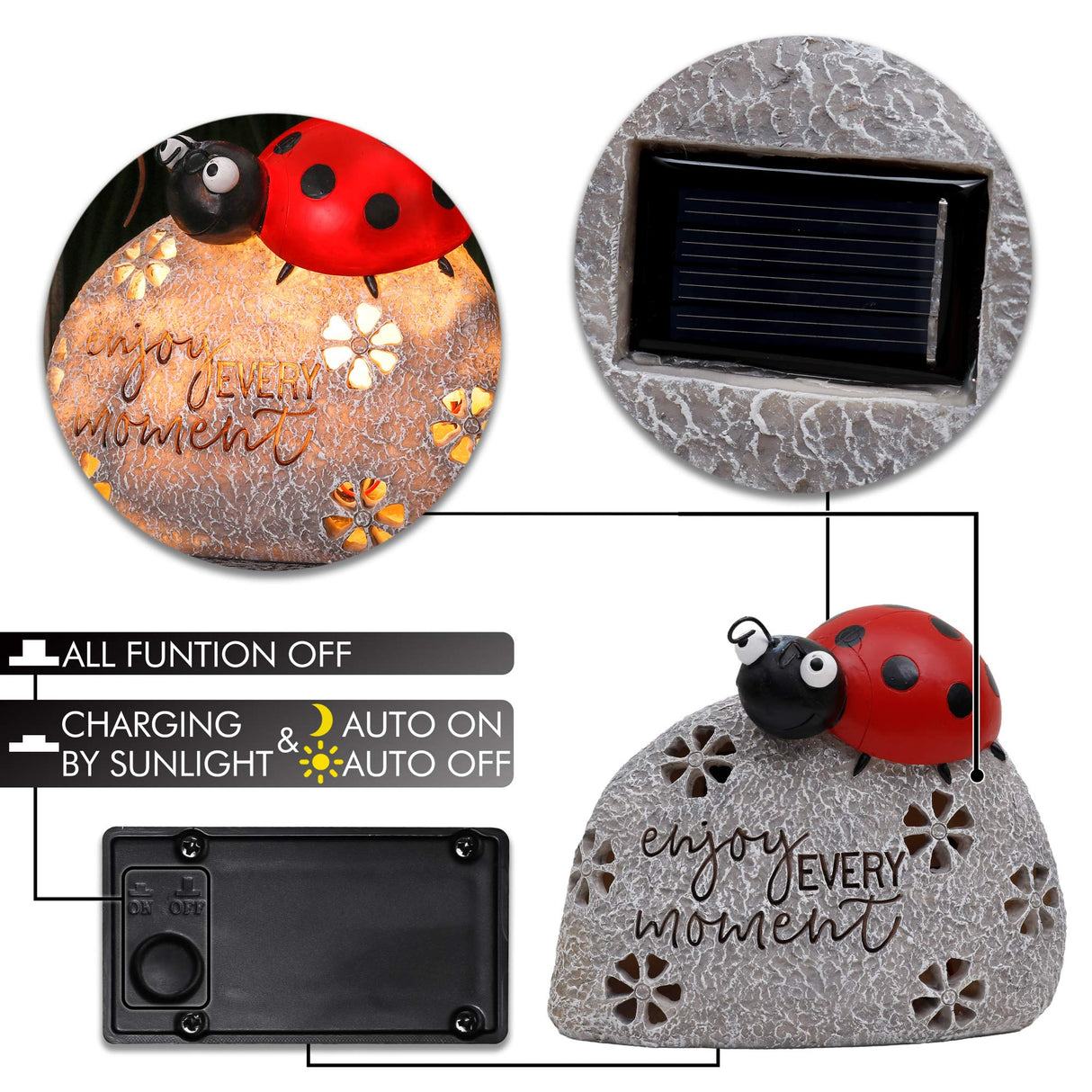 TERESA'S COLLECTIONS Garden Decor, Cute Ladybug Garden Decor with Solar Light, Waterproof Resin Garden Statue, Ladybug Gifts, Garden Gifts for Women Mom, Indoor/Outdoor, 5.1"