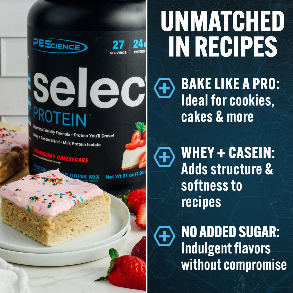 PEScience Select Protein Powder, Whey and Casein Blend, Clean Protein Powder for Women and Men, Low Calorie, Low Carb, Keto Friendly, Gluten Free, Strawberry Cheesecake, 27 Servings