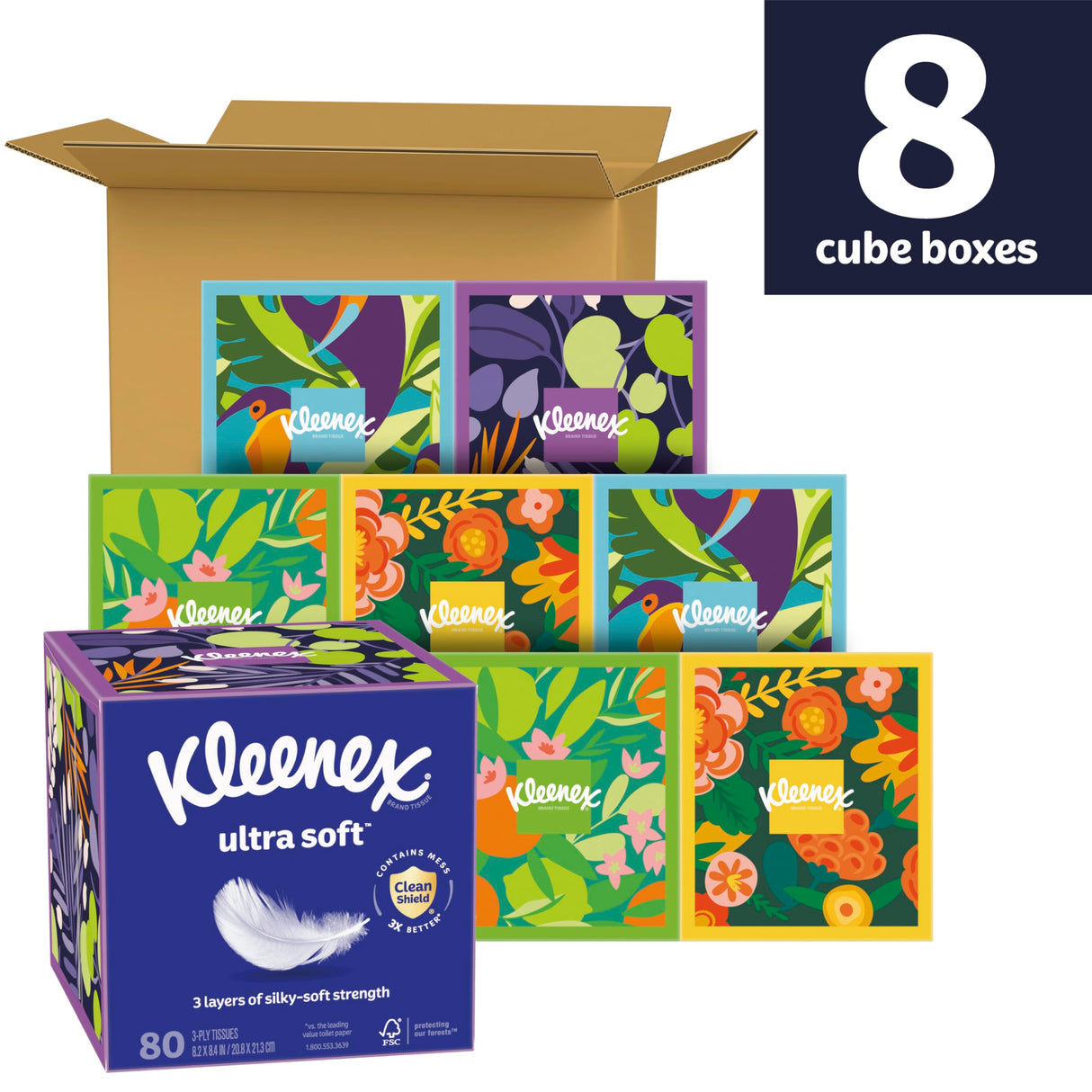 Kleenex Ultra Soft Facial Tissues, 8 Cube Boxes, 80 Tissues per Box, 3-Ply, Packaging May Vary