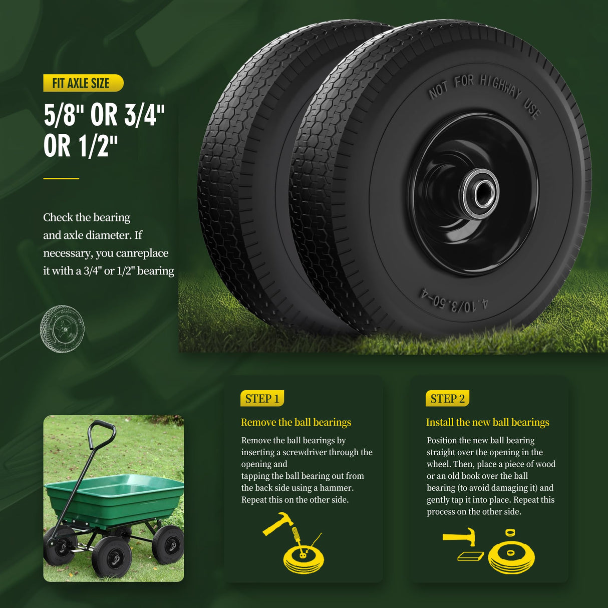 Wiltire (2 Pack) 4.10/3.50-4 Flat Free Tire and Wheel 10-Inch Solid Wheel Replacement with 5/8 Extra 3/4 &1/2 Bearings,2.2" Offset Hub -Compatible with Hand Truck,Wheelbarrow(Wave,Black)