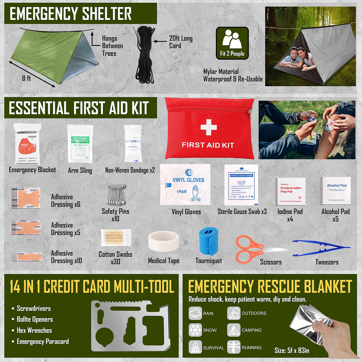 Survival Kit, 268 Pcs Emergency Survival Gear and Equipment Supplies with First Aid Kit, Camping Axe, Headlamp, Tent, Crossbody Bag for Camping Hiking, Hunting, Car, Gift for Christmas Men, Dads, Him