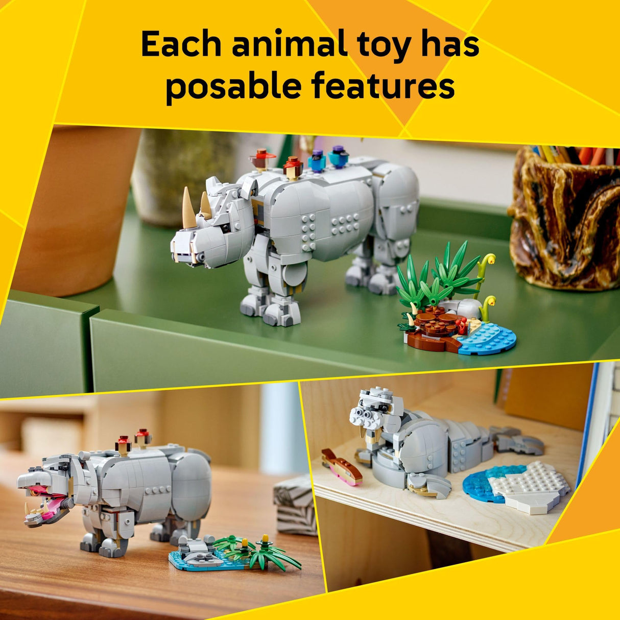 LEGO Creator 3 in 1 Wild Animals: Majestic Rhino with Birds Building Toys for Kids - Safari Pretend Play Toys for Girls & Boys, Ages 9+ - Gift for Christmas - 31171