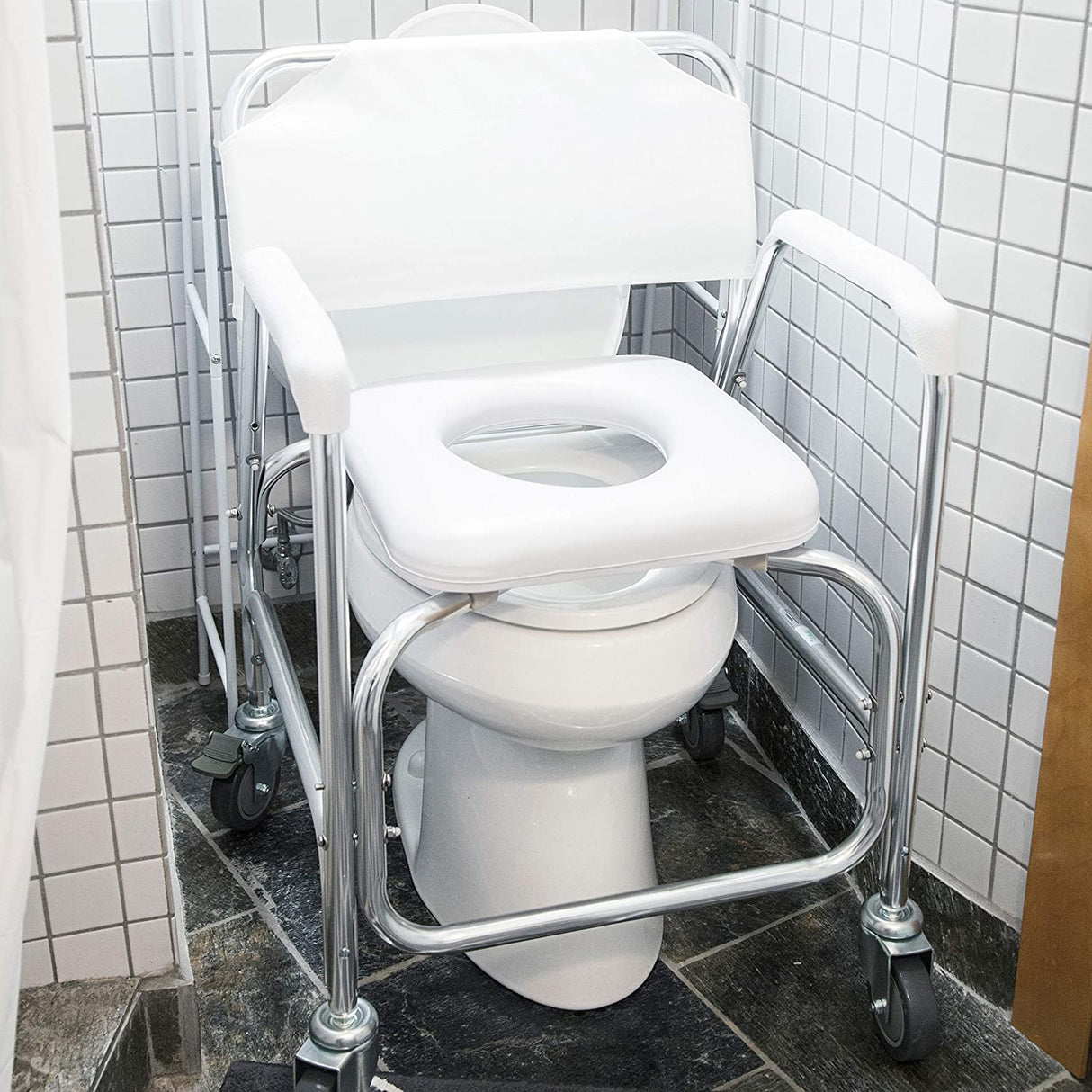 DMI Rolling Shower Chair, Commode, Transport Chair, FSA Eligible, Rolling Bathroom Wheelchair for Handicap, Elderly, Injured or Disabled, Rear Locking Wheels, 250 lb. Weight Capacity, White