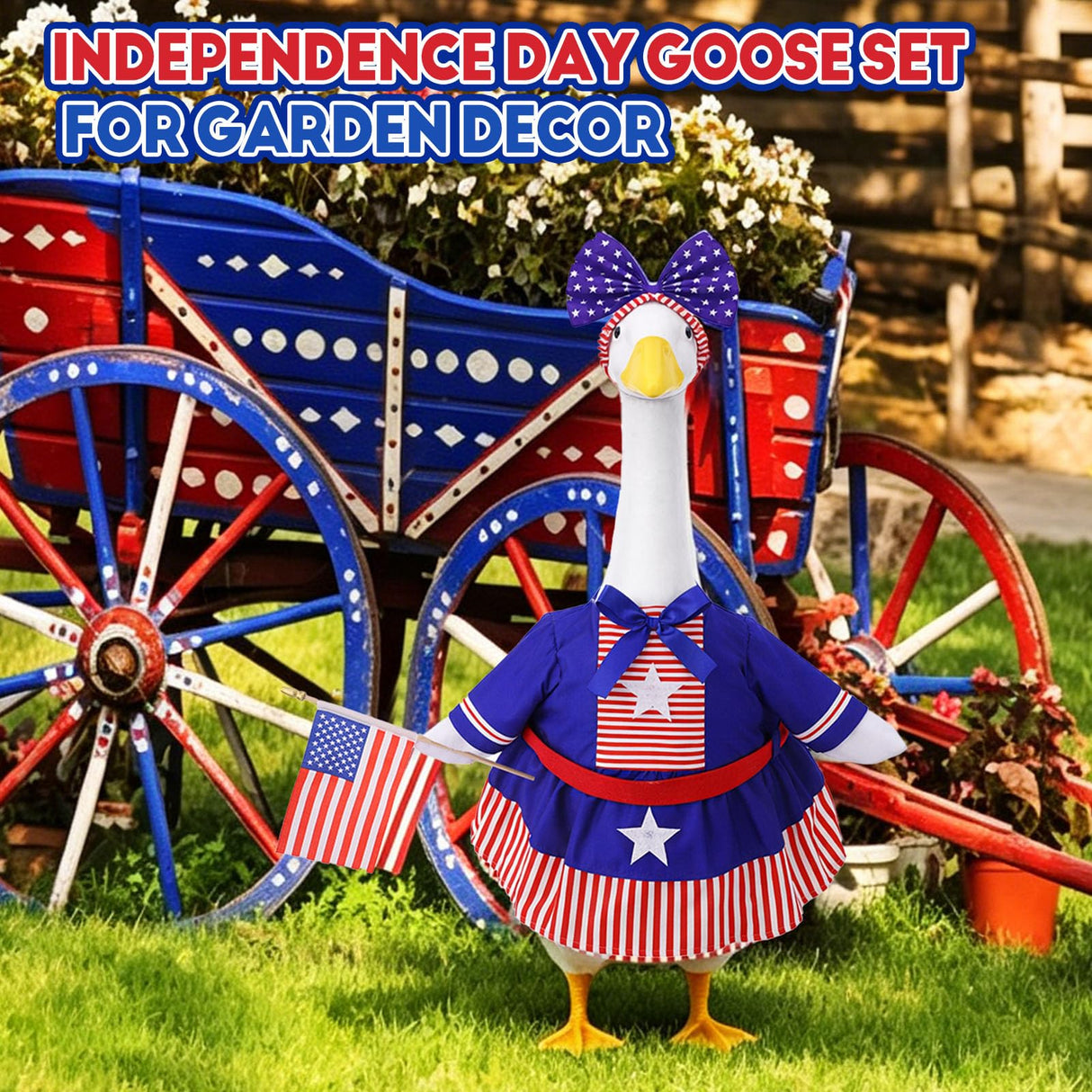 Patriotic 4th of July Porch Goose Outfit for 23 Inch Lawn Statue, 250th Anniversary Independence Day American Lawn Goose Clothes Costume, Red White Blue Patriotic Decorations for Garden Outdoor