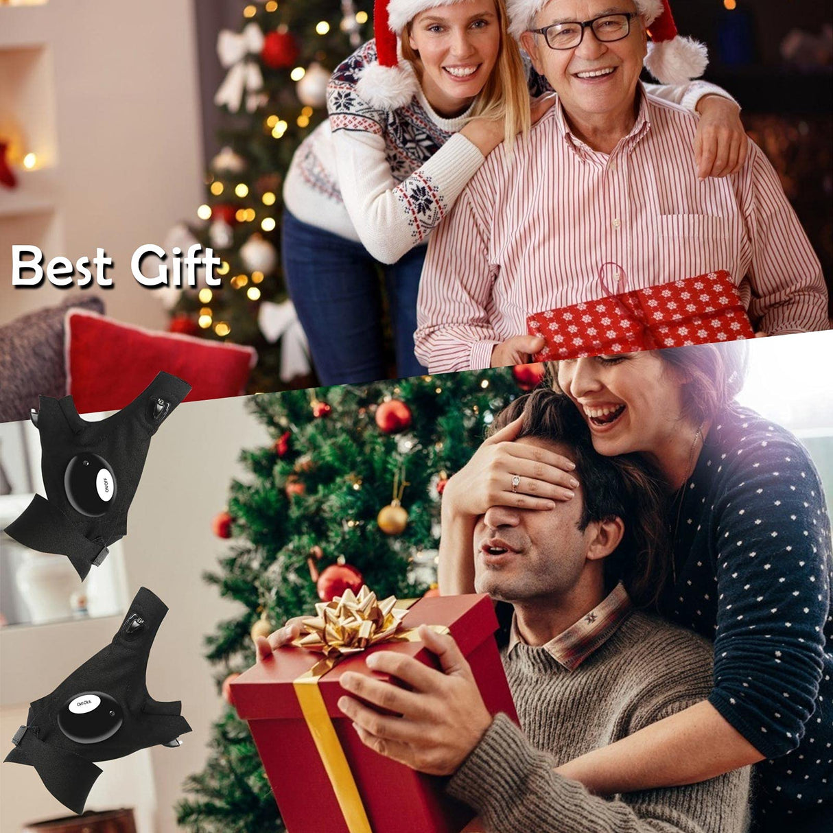 LED Flashlight Gloves, Fathers Day Dad Gifts from Daughter Son Wife, Gift for Men Boyfriend Husband Him Birthday Christmas, Cool Gadget Finger Lights Waterproof for Camping Fishing Repairing (Black)