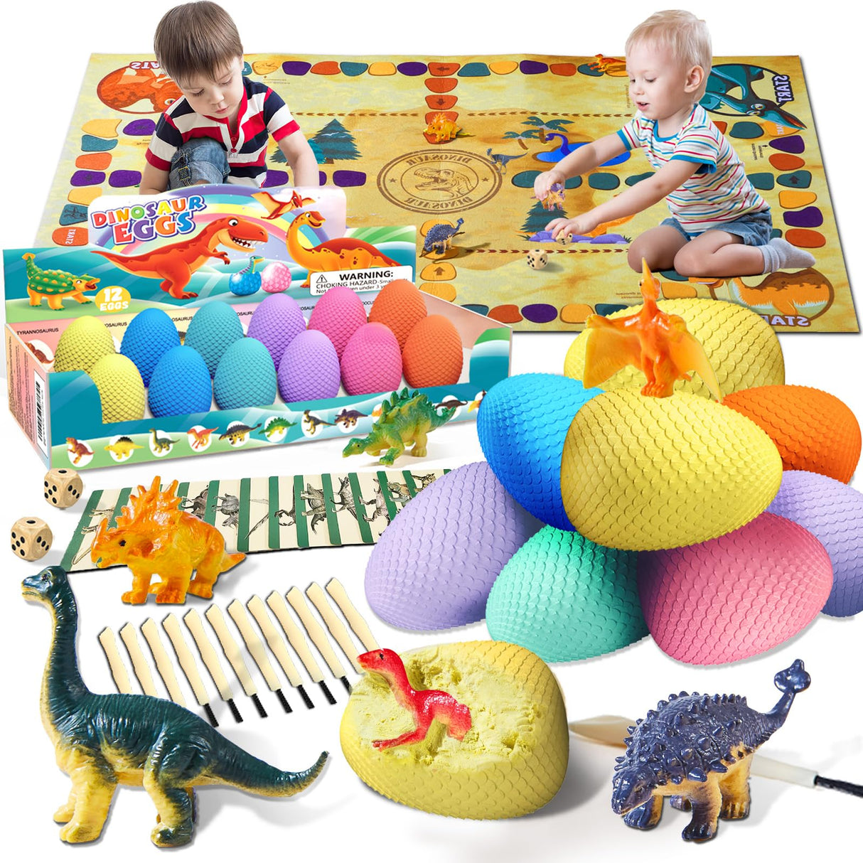 Dino Fossil Eggs Dinosaur Toys - 12 Dinosaur Eggs Dig Excavation Kit w Play Mat for Kids Ages 5-7 Easter Basket Essentials STEM Toy Christmas Birthday Gift for Boys Girls 3 4 5 6 7 8 + 8-13 Years Old