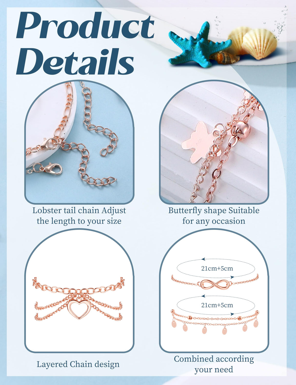 ORAZIO Toe Rings and Ankle Bracelets for Women Rose Gold Plated Anklet Toe Rings Cute Layered Anklets Open Tail Ring Adjustable Beach Foot Jewelry for Summer, Rose Gold