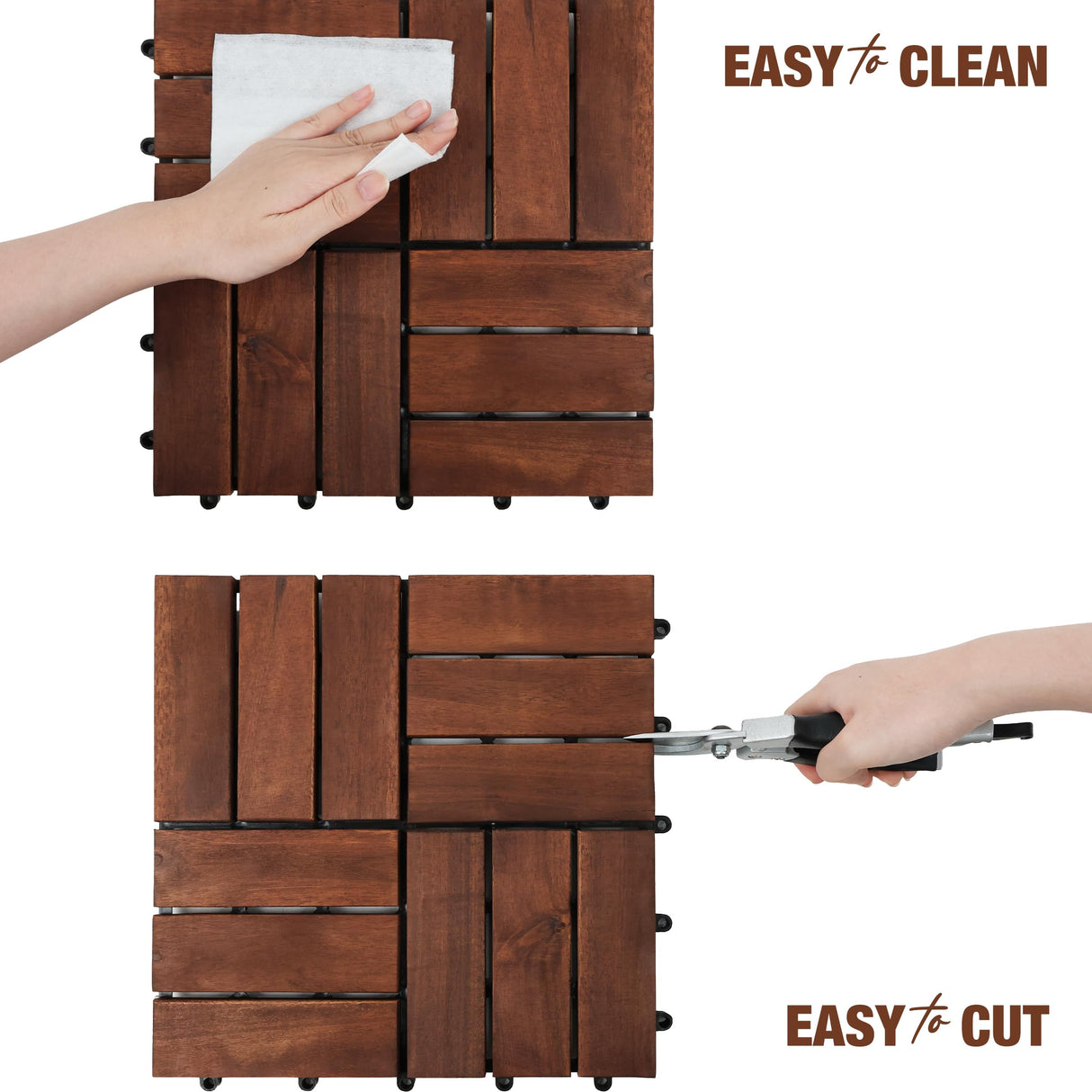 GREEN ALLUVIUM Premium Acacia Wood Interlocking Deck Tiles, 9 PCS 12"x12"x0.9" Patio Flooring, Waterproof Decking Tiles for Balcony, Backyard & Patio, All Weather Use (Dark Brown – Crossed Pattern)
