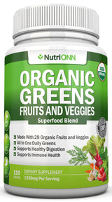 Organic Super Greens Capsules - Fruit And Vegetable Supplements - 120 Count - 28 USDA Organic & Vegan Premium Ingredients - Superfood Blend For Immune Health, Digestion & Energy - Whole Food Vitamins