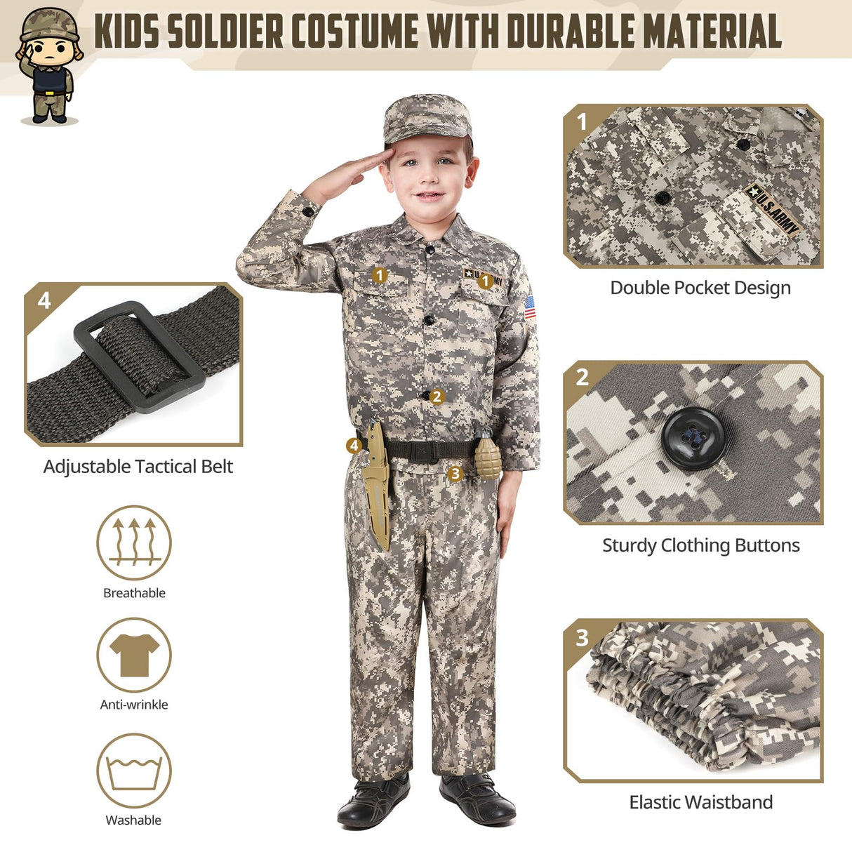 GIFTINBOX Kids Army Soldier Dress Up Costume Role Play Set, Deluxe Christmas Gift for Kids Boys Aged 3-13 Size M