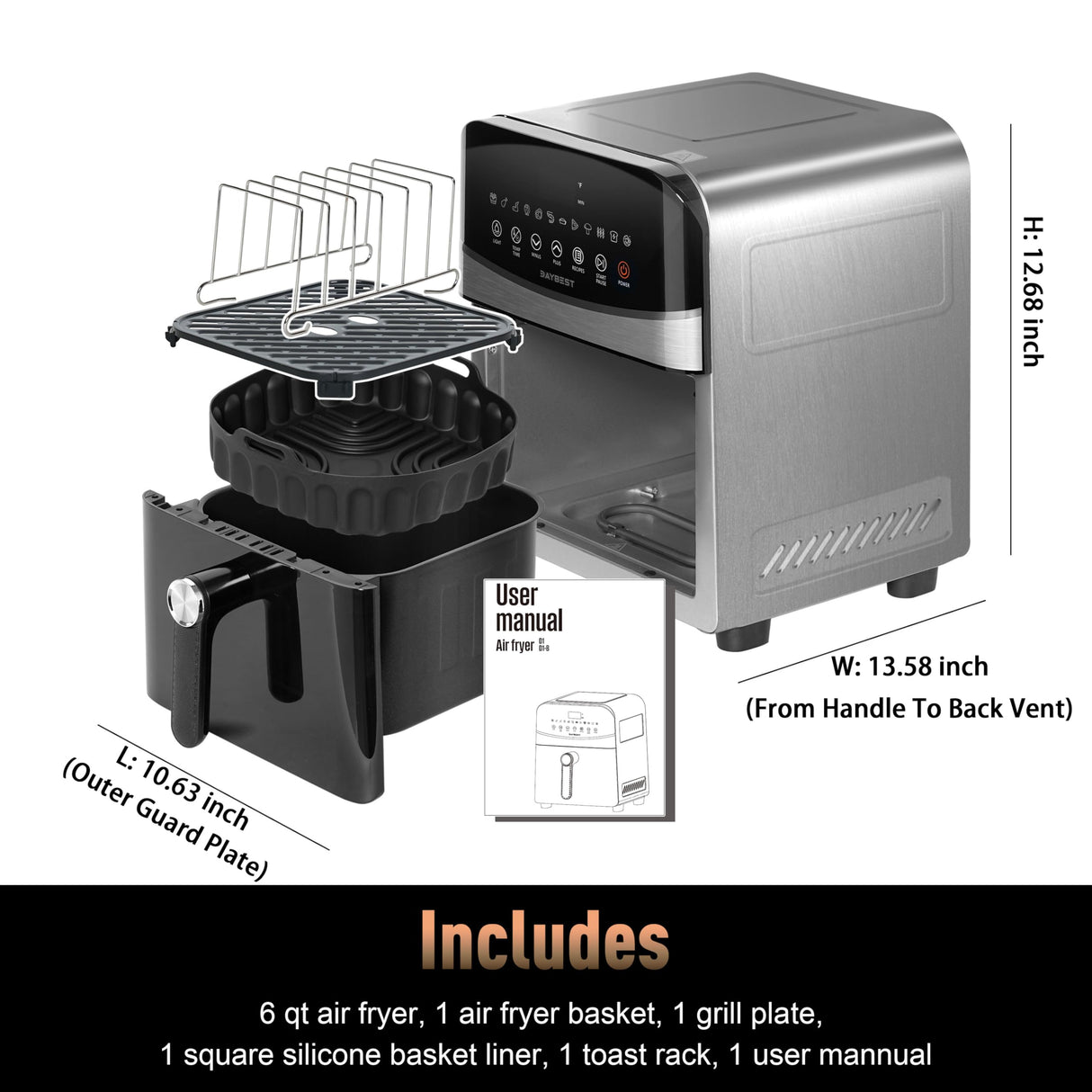 Stainless Steel Air Fryer Ceramic Coat Basket Non Toxic Metal Cavity 6 QT Compact for 2-3 PAX, DAYBEST Dual Heats Airfryer 450°F 12 in 1, Dishwasher Safed Pot, Plate, Rack & Liner (Stainless Steel)