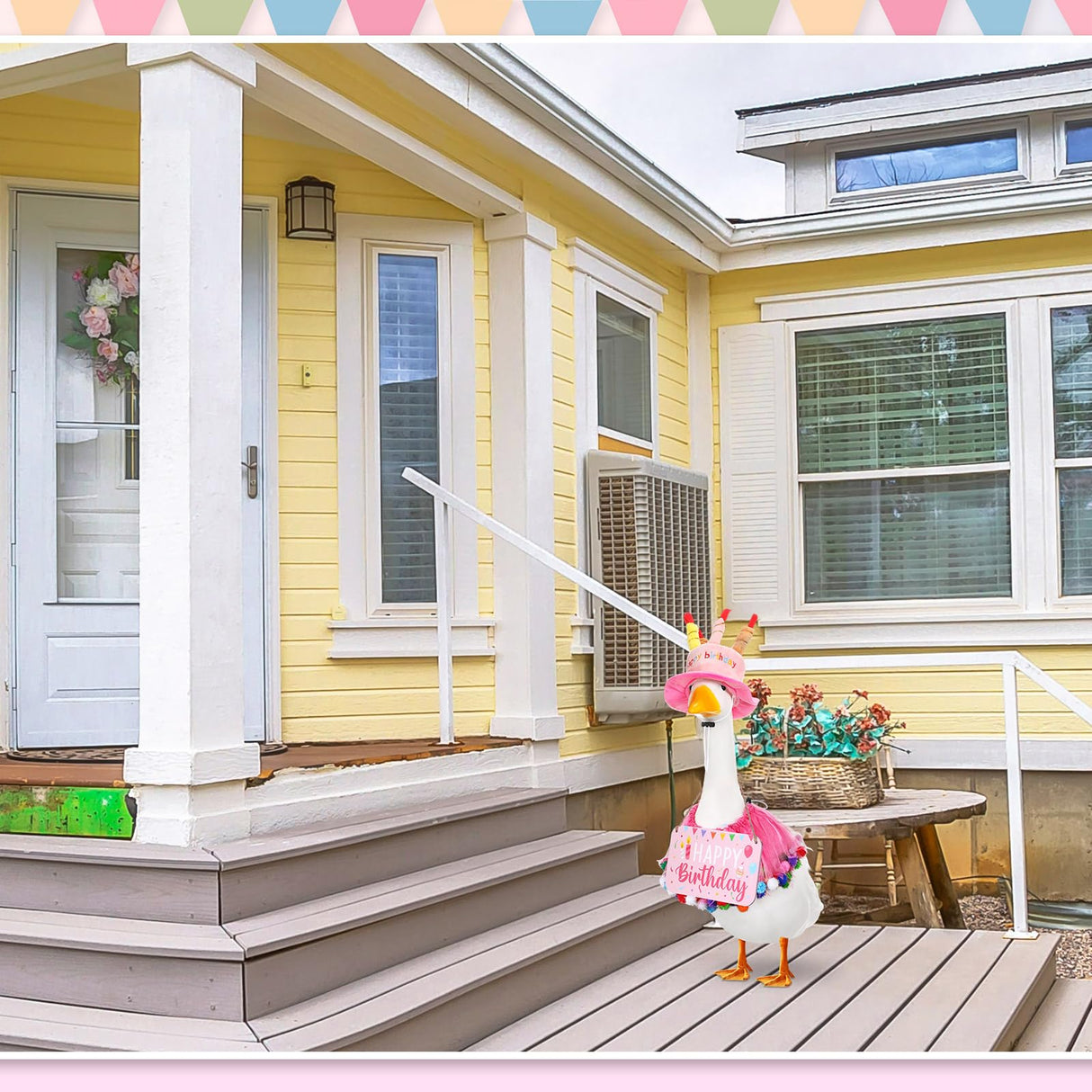 Memorywuu Happy Birthday Porch Goose Outfit Lawn Goose Cloth Costume for 23" Cement Plastic Patio Yard Statue Outdoor(Pink,Tutu Skirt)