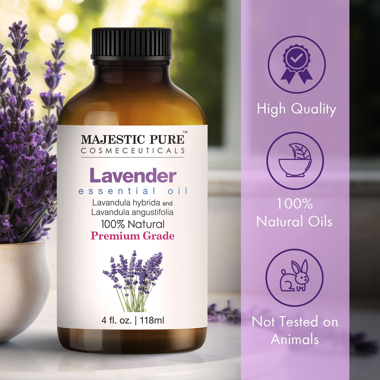 Majestic Pure Lavender Essential Oil | 100% Natural | Premium Grade Essential Oils for Hair Care, Home Diffusers, Skin, Aromatherapy, Massage and Humidifiers | 4 Fl Oz (Pack of 2)