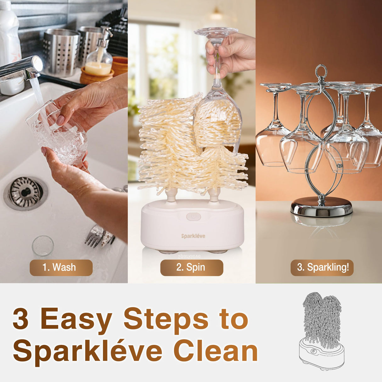 Home Glassware Polisher, World's First Affordable Spinning Glass Polisher, 600 RPM Dries & Polishes, All Glasses, Wine, Bar, Drinking, Wet/Dry, for Sparkling Glassware, White, Classic Matte
