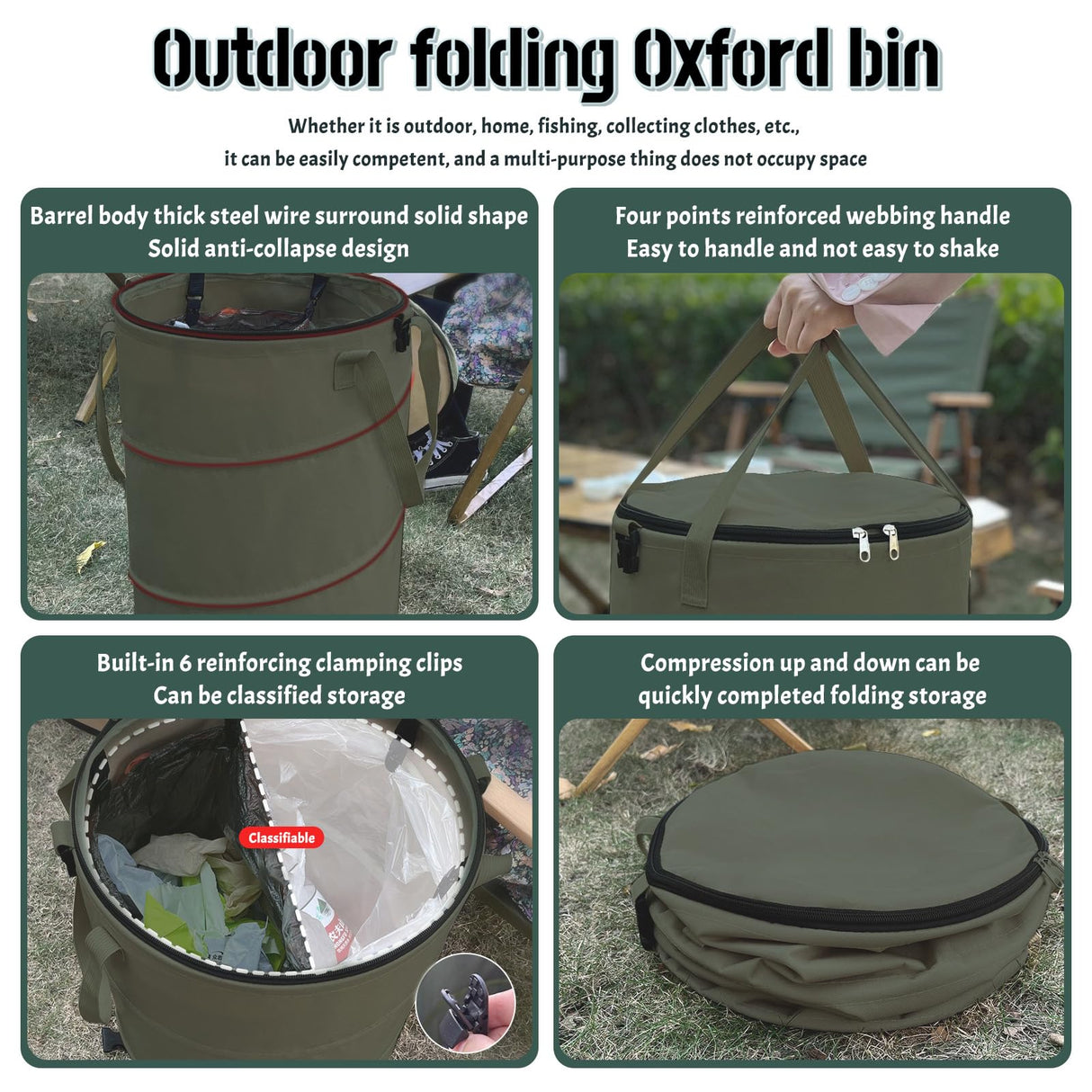 QJXX Pop up Camping Trash can with lid,Collapsible 24 Gallons Trash can with Sorting Clips,Garden Garbage Bag with Lid,Lawn and Leaf Bags - Reusable Yard Waste Bags (Green)
