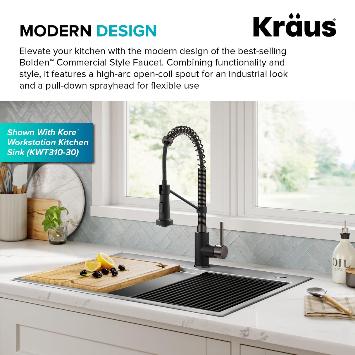 KRAUS Bolden Commercial Style 2-Function Single Handle Pull Down Kitchen Faucet in Matte Black/Black Stainless, KPF-1610MBSB (Pack of 1)