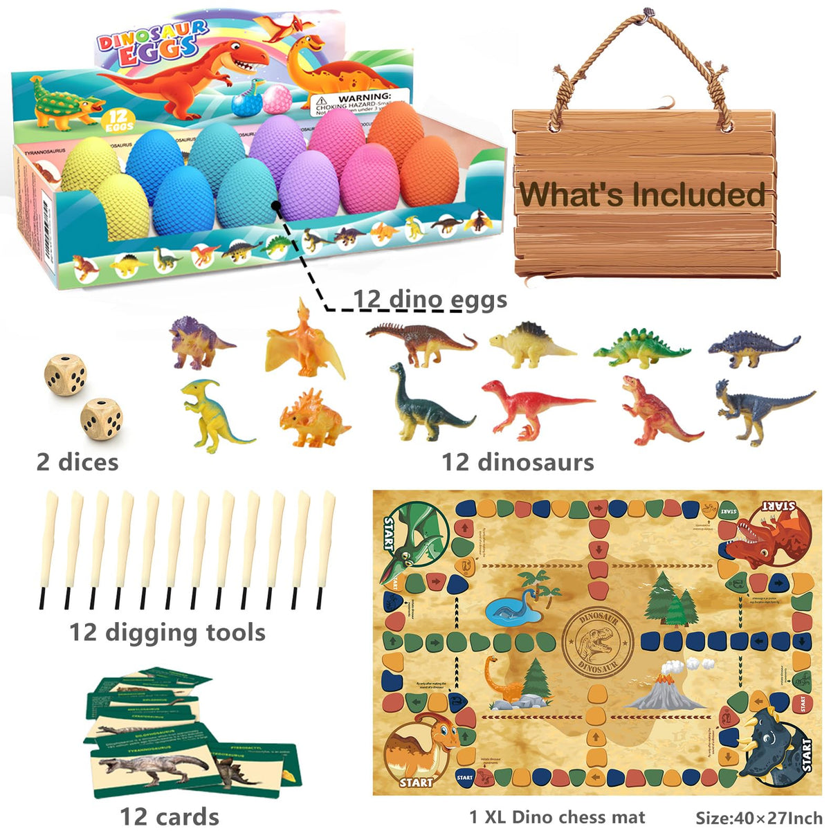 Dino Fossil Eggs Dinosaur Toys - 12 Dinosaur Eggs Dig Excavation Kit w Play Mat for Kids Ages 5-7 Easter Basket Essentials STEM Toy Christmas Birthday Gift for Boys Girls 3 4 5 6 7 8 + 8-13 Years Old