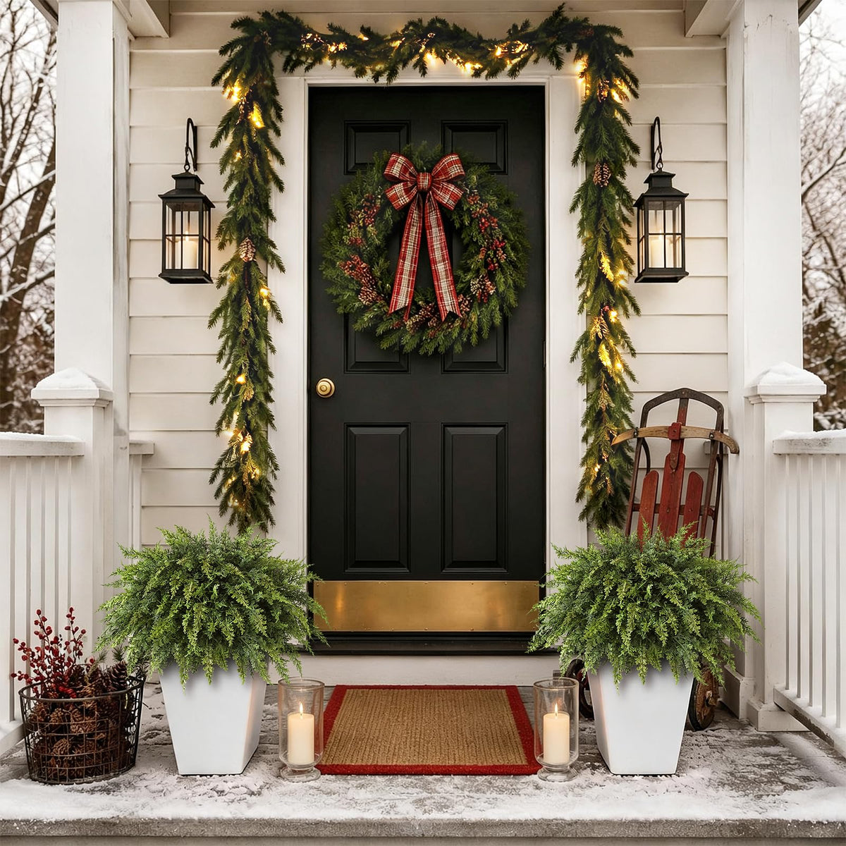 2Pcs Artificial Cedar Potted Plant Christmas Greenery for Front Porch Decor