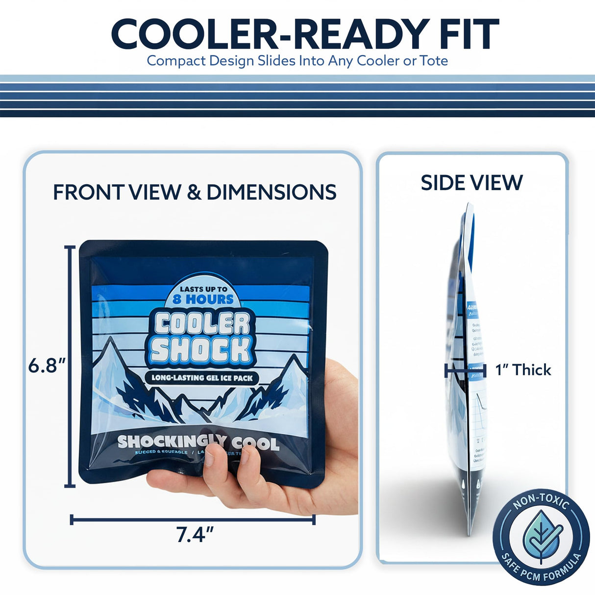Cooler Shock Reusable Prefilled Ice Packs for Coolers & Lunch Boxes - Long Lasting Cold Freezer Packs for Lunchbox, Non-Toxic Gel Ice Pack for Camping, Lunch Bags, Road Trips, 2 Pack (6.5"x7.5")