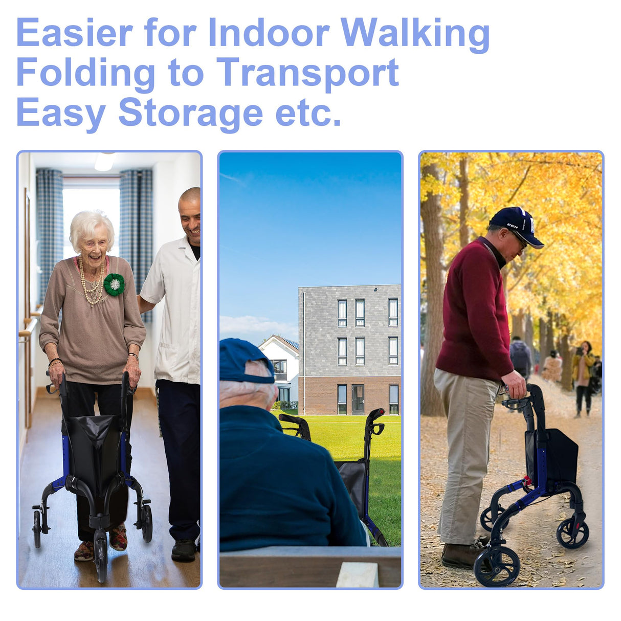 Premium 3 Wheel Rollator Walker for Seniors, Lightweight Foldable Elderly Three Wheeled Rollator with Storage Bag, Aluminum Mobility Aid Rolling Walker (Black & Blue)