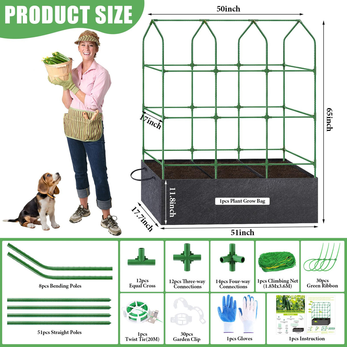 66x65x18 Inch Cucumber Trellis for Raised Bed - with 61 Gallon Grow Bags, Garden Trellis for Climbing Plants Outdoor with Climbing Net and Plant Support for Cucumber, Tomato, Vegetable, Grape, Vine