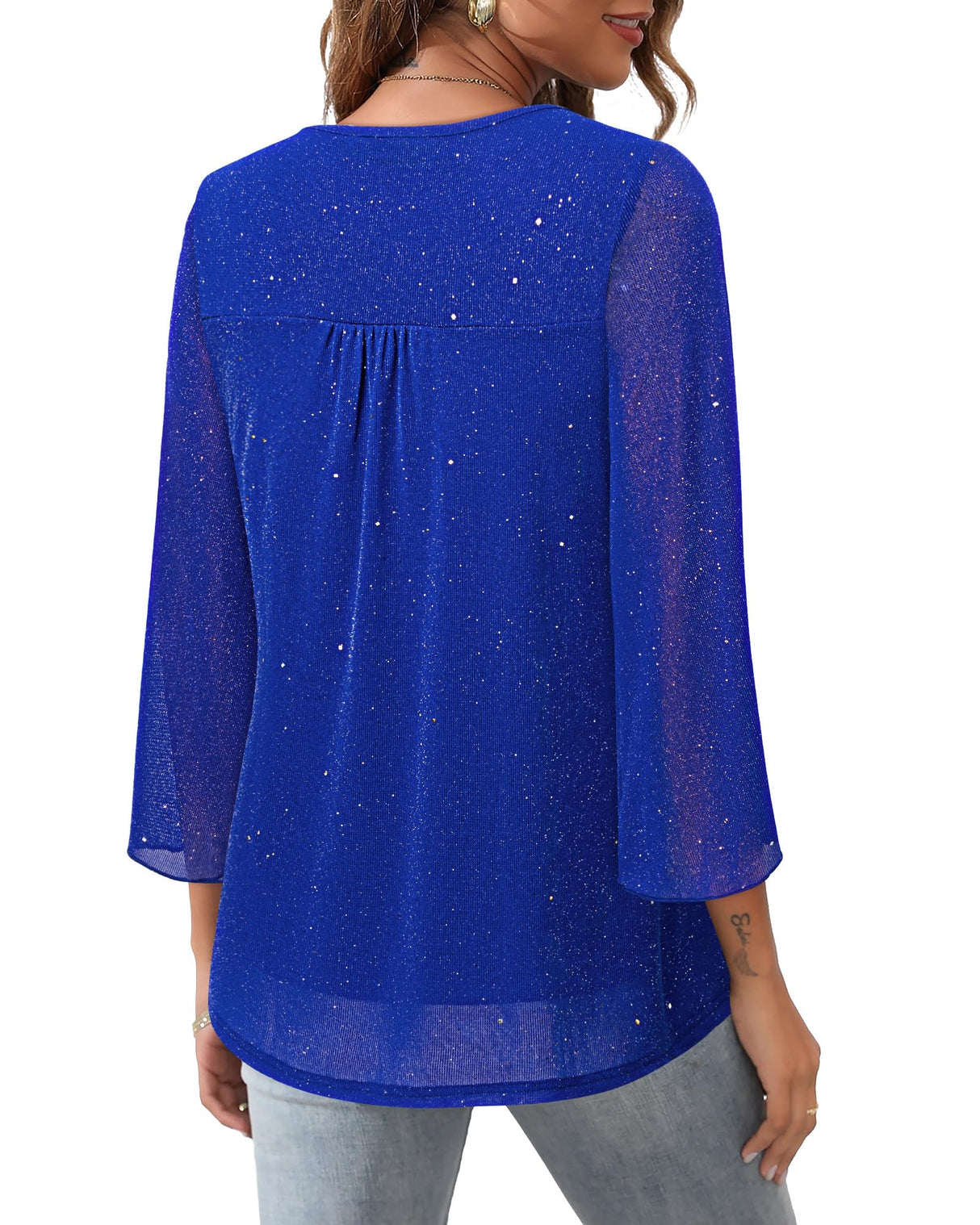 Bebonnie Dressy Tops for Evening Wear: 3/4 Sleeve Trending Fall Clothes for Women 2024 - Sparkly Sequin Homecoming Modest Dresses - Grandmother of Bride Blouse Christmas Top Star Blue XXL